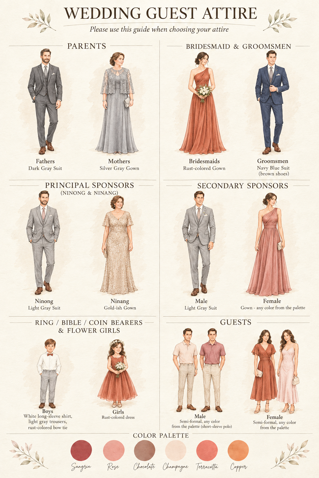 Wedding guest attire guide showing recommended outfits and colors for parents, principal and secondary sponsors, the wedding party, bearers, flower girls, and guests, along with the Sangria, Rose, Chocolate, Champagne, Terracotta, and Copper color palette.